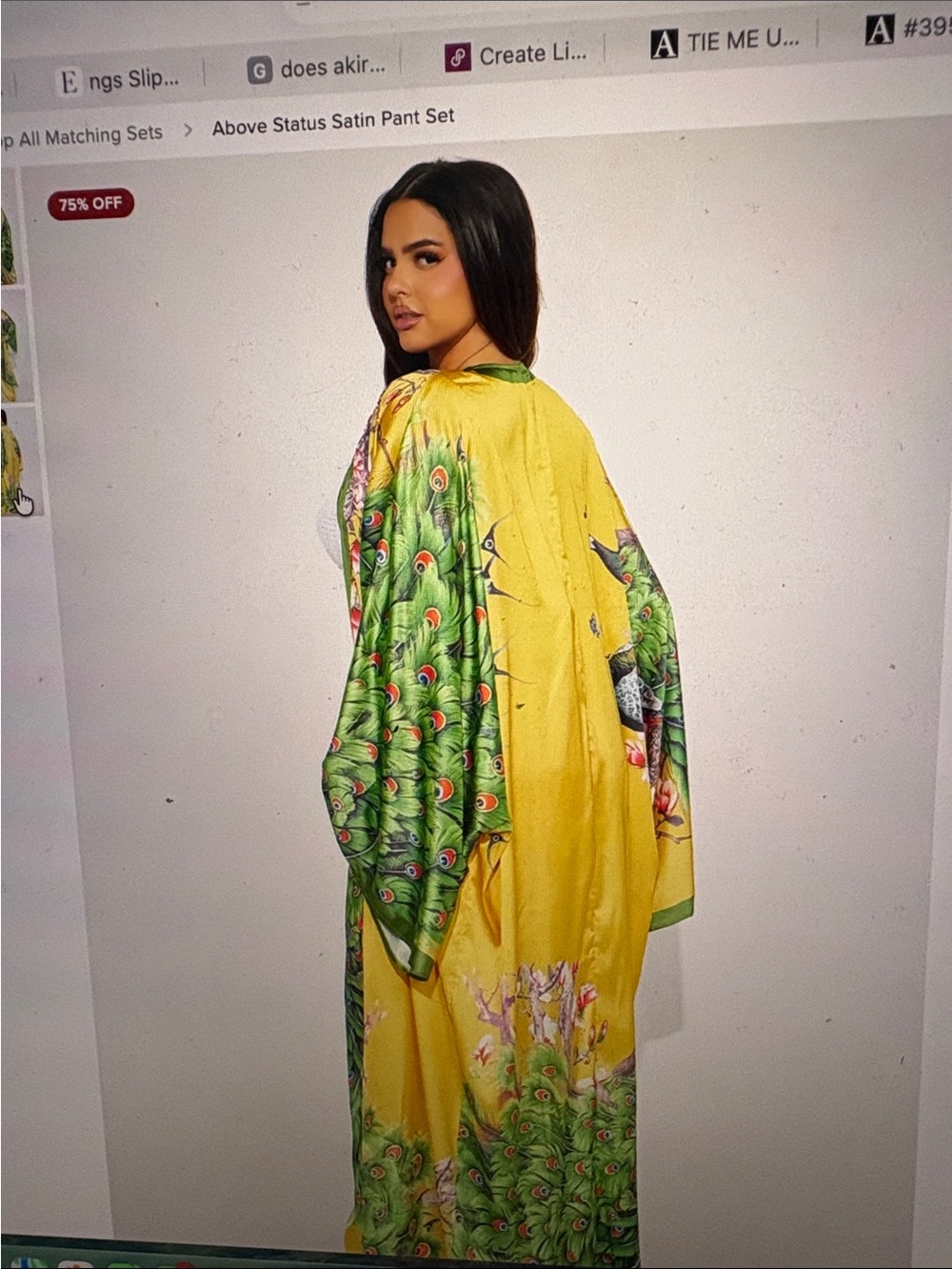 Fashion Nova Yellow Satin Wide-Leg Pants with Green Peacock Print